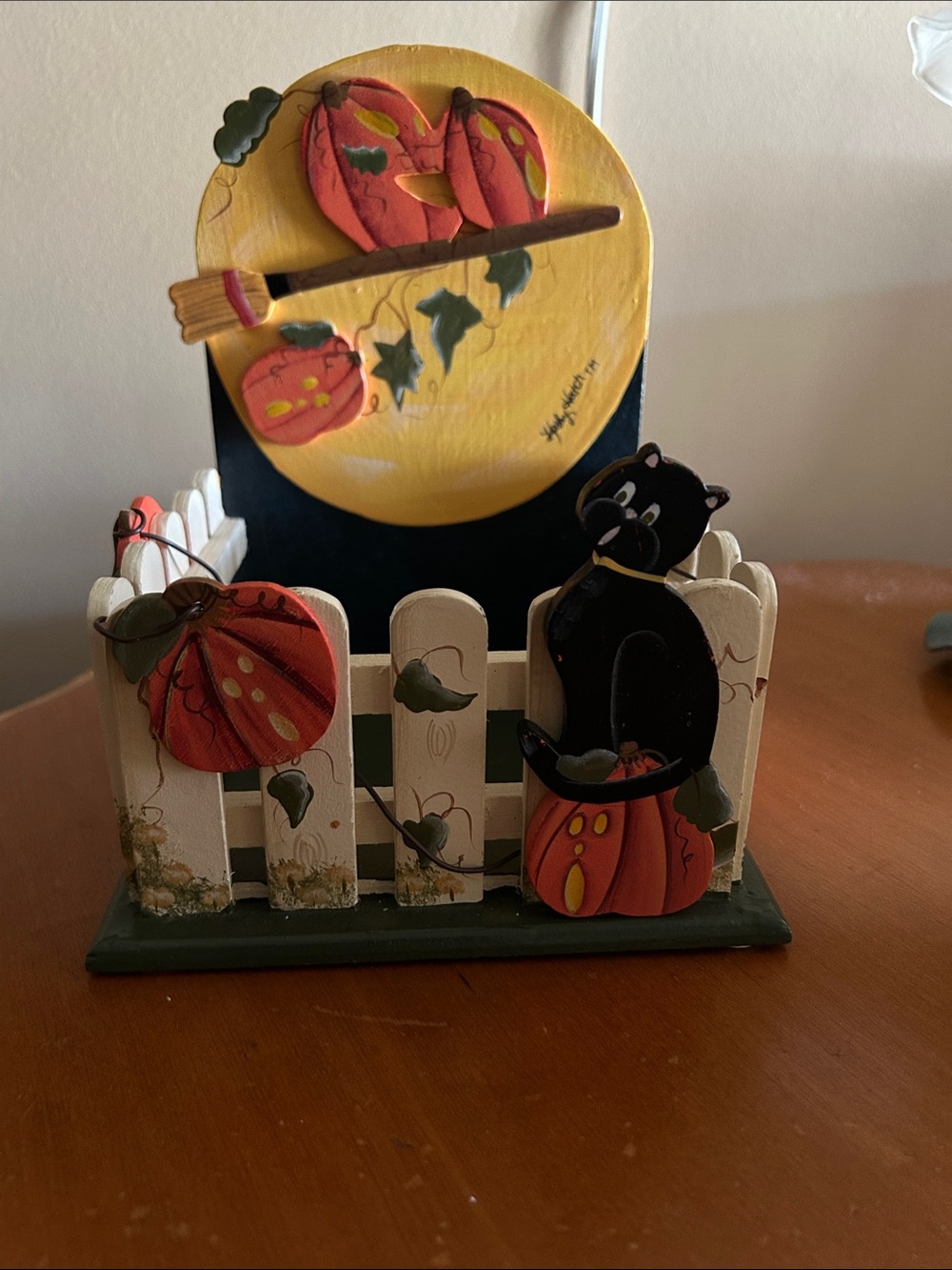 Vintage Holiday Wooden Pumpkin & Black Cat Decorative Accent - Yellow & Orange
